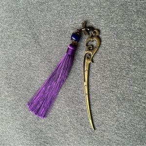 Metal Bookmark ~ Bird and Dragonfly Gold Tone Bookmark~  Purple Tassel ~ New!